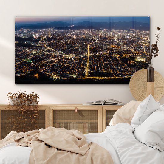 ® Glasschilderij 120x60 cm - Schilderij acrylglas - Panorama van Daegu vanuit Apsan berg in Zuid-Korea - Foto op glas - Muurdecoratie woonkamer - Wanddecoratie slaapkamer - Schilderijen