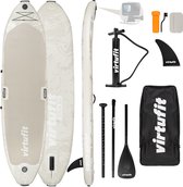 Beige VirtuFit Yoga 355 SUP board met marmerprint, peddel, pomp en accessoires.
