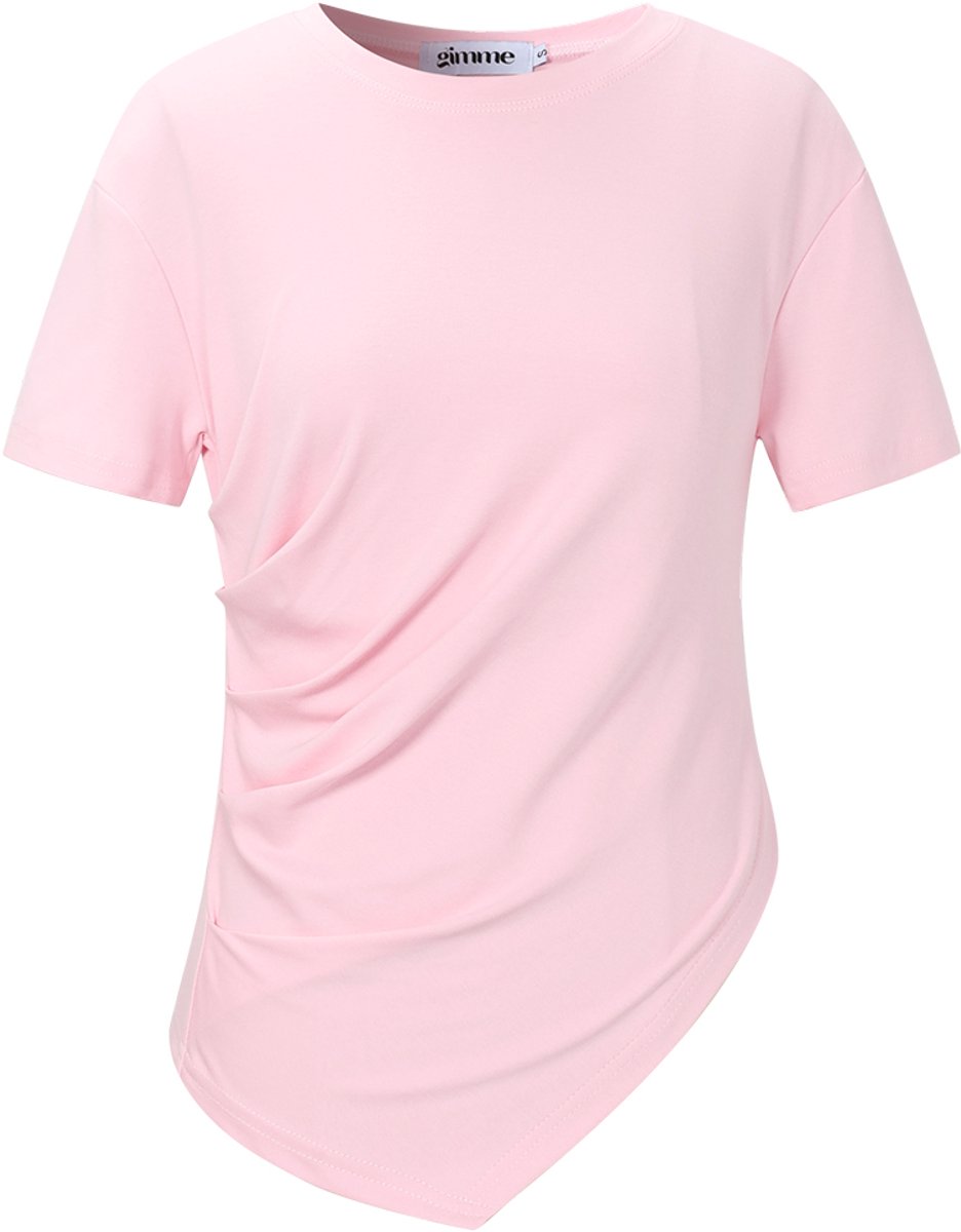 Asymmetric Fitted Tee – T-shirt met Asymmetrische Halslijn – Stijlvolle Top voor een Moderne Look - Roze - Maat S