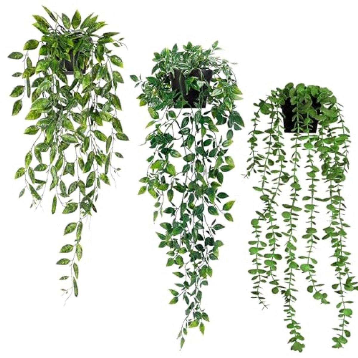 PromoHome 3 stuks kunstmatige hangplanten met potten - Eucalyptus, Mandala en Erwtblad - Groenblijvend voor binnen