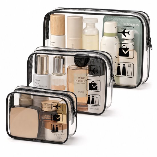 Consumerce® Doorzichtige Toilettas - Set van 3 - Reistas Packing Cubes - Transparante Etui - Vliegtuig Toilettasje - Transparant Handbagage Toilettas - Reisflesjes