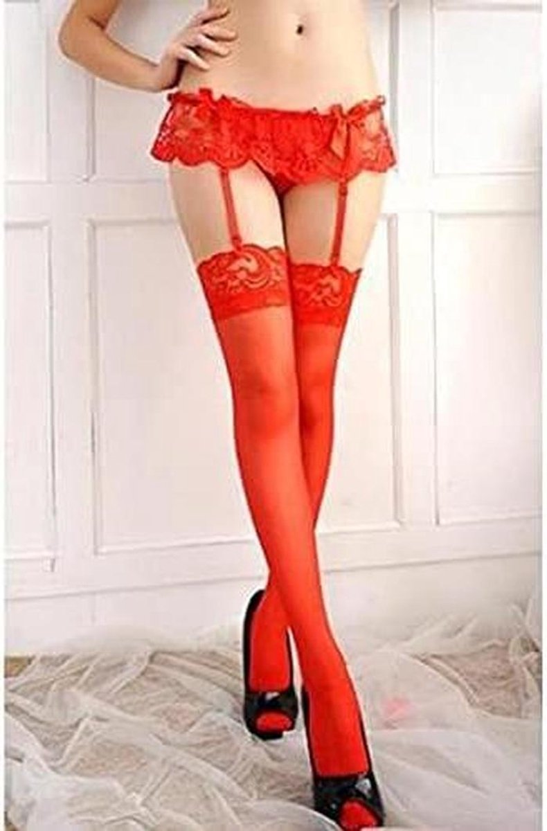 Dames Kousen - Hoge Sokken - Feestelijke Looks - Lace Rand - One Size - Zwart