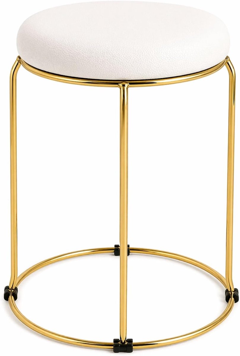 Luxe Kruk - Poef Voetenbank - Extra Zitplaats - Leer en Metaal - Ø 29 x H 46 cm