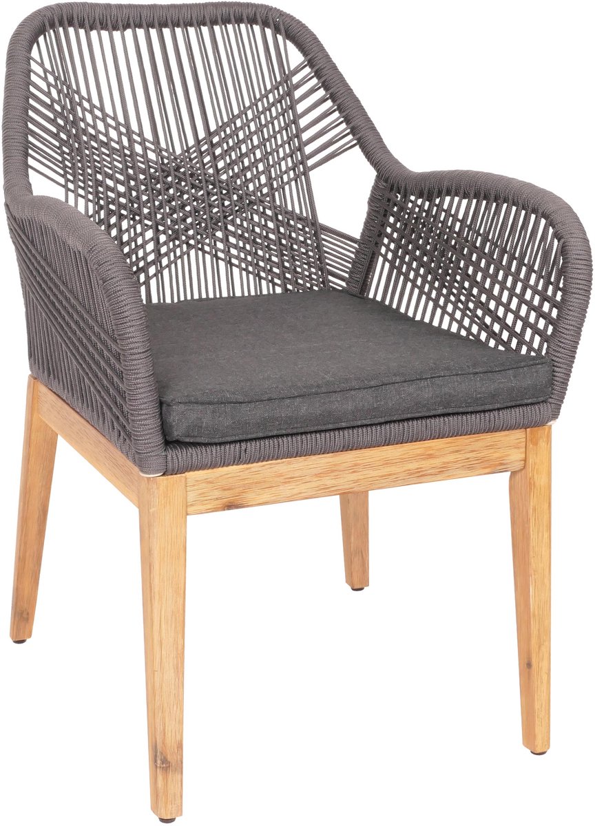Tuinstoel MCW-H56b, fauteuil buitenstoel, weerbestendig touwvlechtwerk Touwhout acacia ~ grijs kussen antraciet