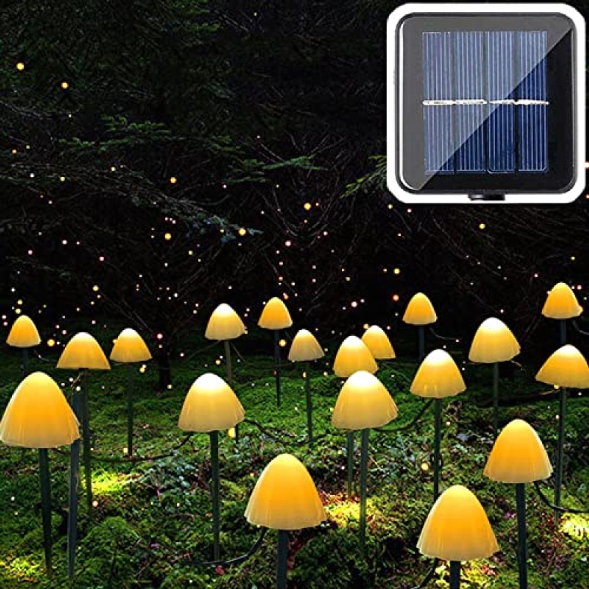 20 Led-tuinlampen Paddenstoelen Zonne-energie Snoer 5m Warm Wit Waterdicht IP44 voor Buiten