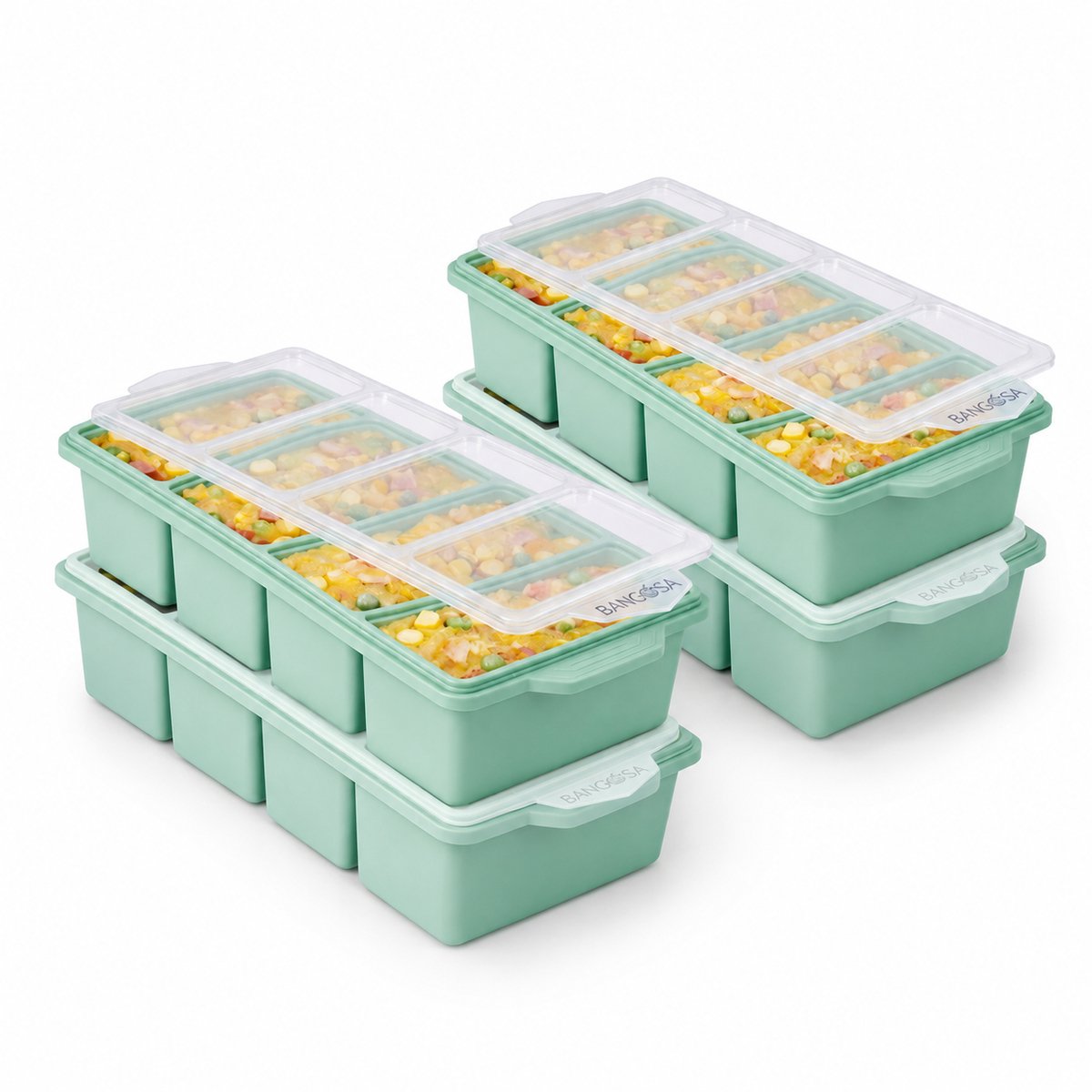 Bangosa Siliconen Diepvriesbakjes met Deksel – Meal Prep Bakjes – Vershoudbakje - Silicone vriezer tray - Voor Soep, Babyvoeding & Saus – Stapelbaar – 4x 250ml - 4 stuks Groen