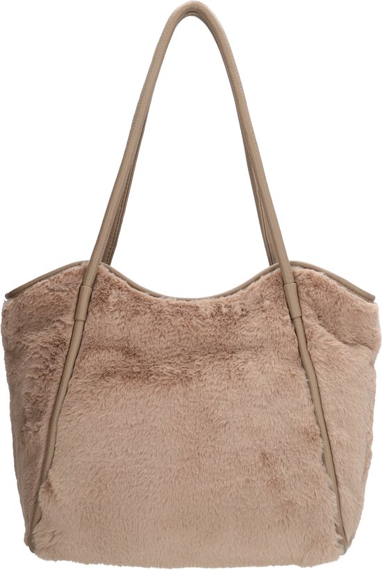 Lichtbruine shopper van nepbont met leren randen en hengsels.