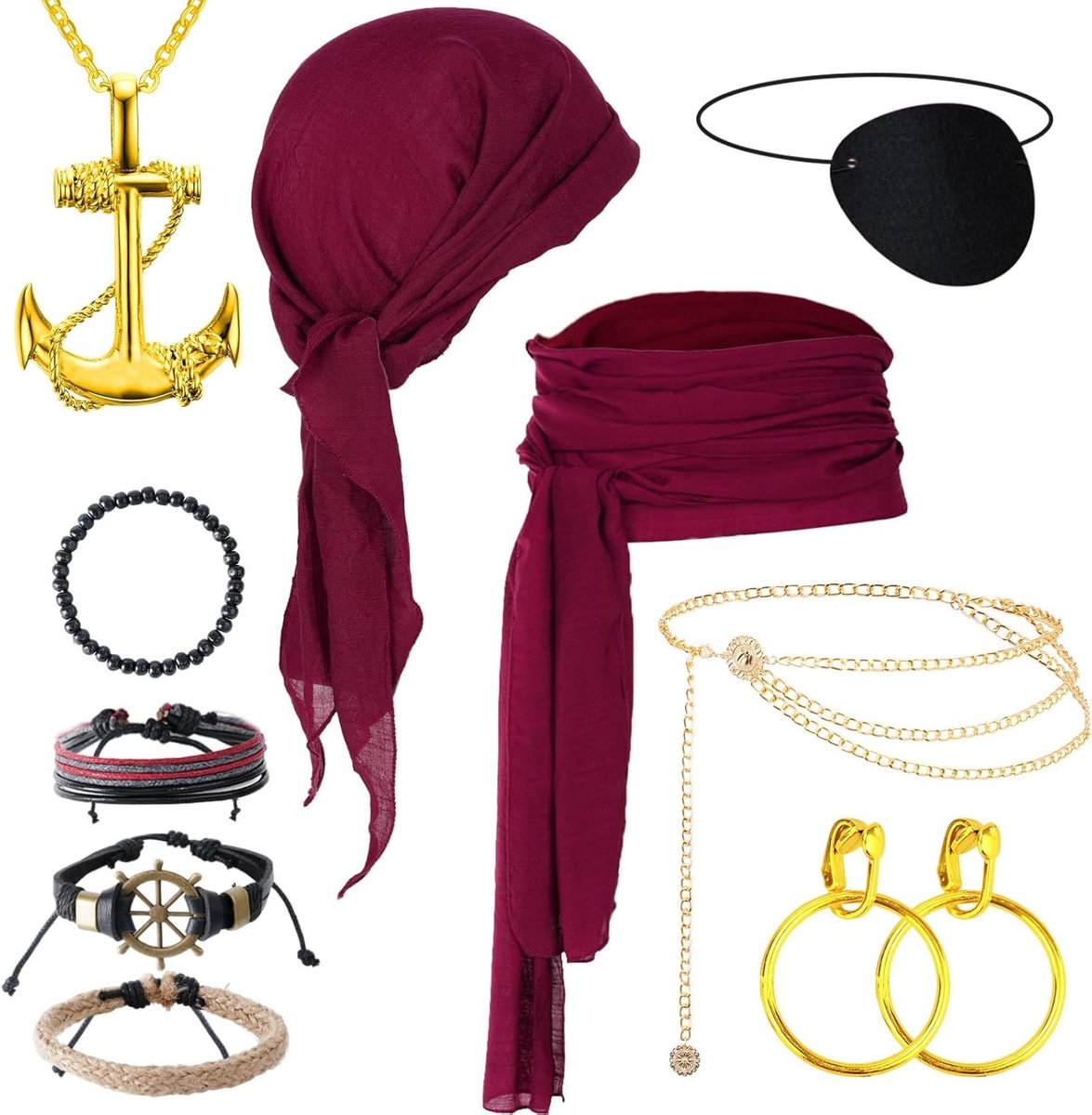 Vrouwelijk Piratenkostuum Accessoireset met Rode Hoofddoek, Tailleband en Ooglap voor Carnaval, Halloween en Themapartijen