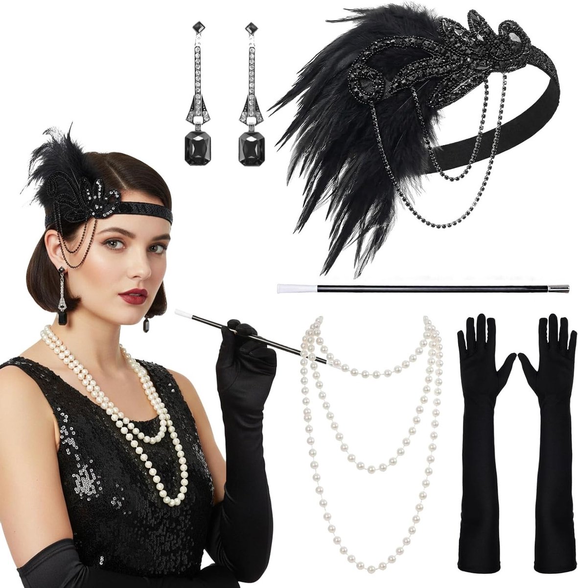 Elegante jaren '20 damesaccessoire set met hoofdband, ketting, handschoenen en handheld props voor kostuumfeesten en retro thema's