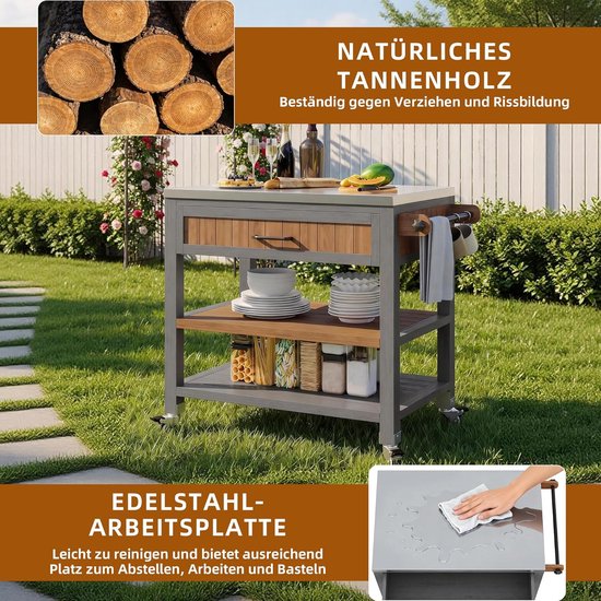 Tuinkast met wielen - Opbergkast buiten - Buiten koken - Roestvrijstalen werkblad - 80 x 51 x 1915 cm - Natuurlijk — afbeelding 2
