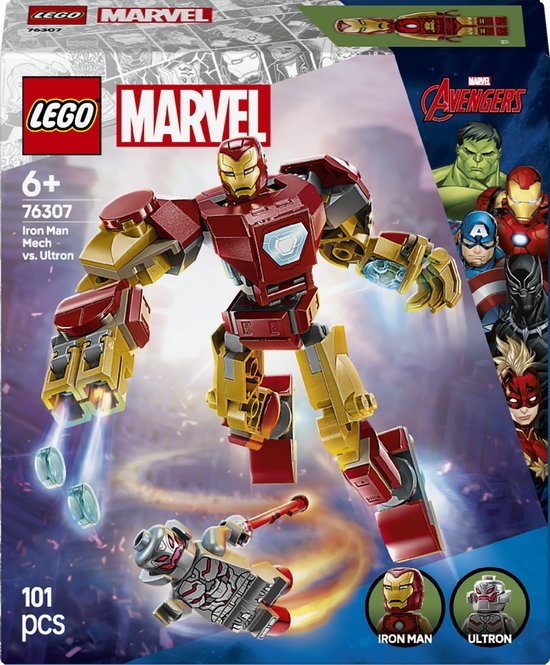 Méca Iron Man LEGO Marvel avec armure rouge et or, combattant Ultron.
