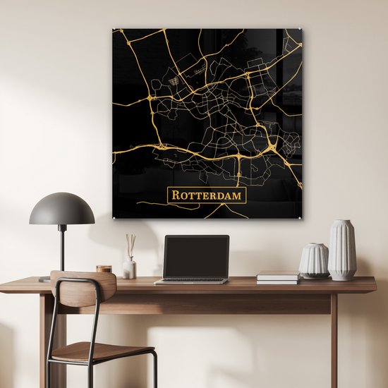 Peinture sur Verre - Carte - Rotterdam - Zwart - Or - 90x90 cm - Peintures sur Verre Peintures - Photo sur Glas