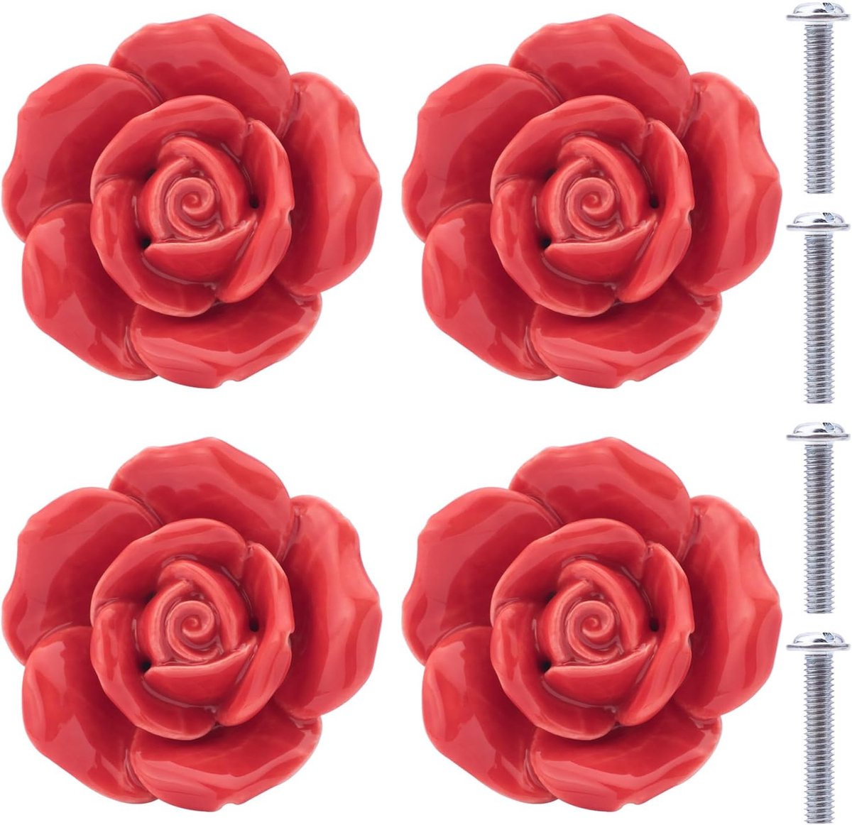Meubelknoppen - Keramische Rozen Knoppen - 4 Stuks - Porselein Bloem Design - Voor Laden en Kastdeuren - Rood