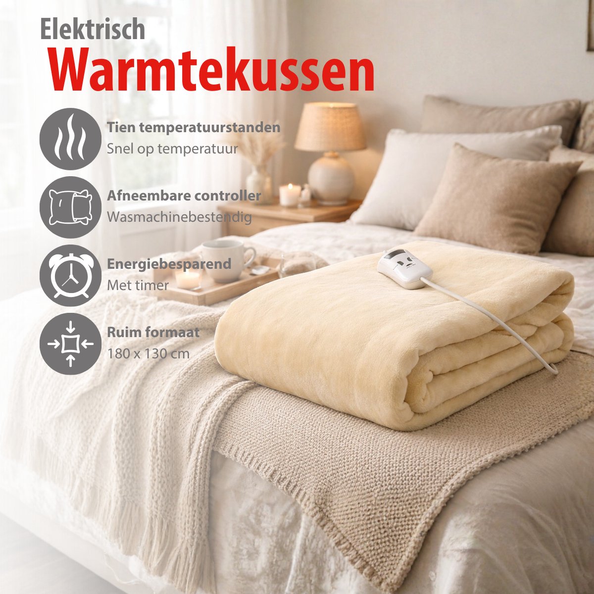 alpina Warmtedeken Elektrische Bovendeken 130 x 180 cm - 1-Persoons Elektrische Warmte Deken met Timer 1-9u - Knuffeldeken met 10 Standen - Wasbare Omslagdeken - Flanel - Beige