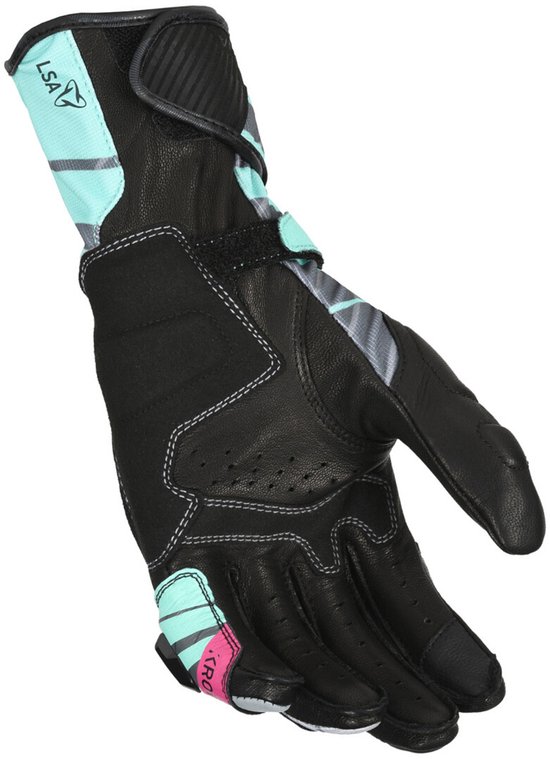 Macna dames motorhandschoen, voornamelijk zwart met mintgroene en roze accenten en stiksels.