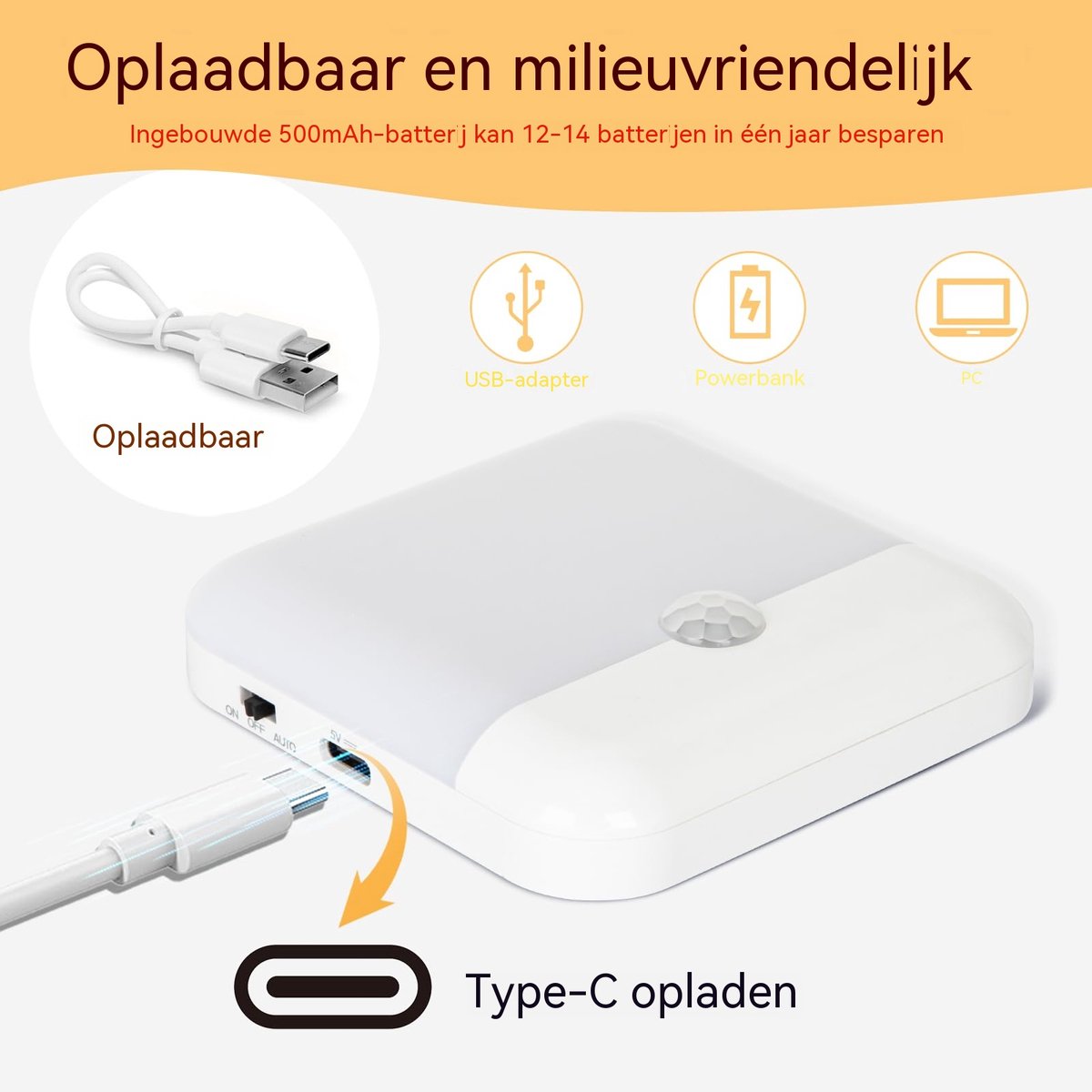 carmdering - Nachtlicht Met Bewegingsmelder - Oplaadbaar LED Schemerlampje - Binnenverlichting - PIR Sensor Detectie - USB-C Opladen - ABS Kunststof - Dimloos Warmwit Licht - Veilig Nachtllopen Zonder Struikelen - 2 Stuks — cadeau in Wonen & Interieur - foto 3