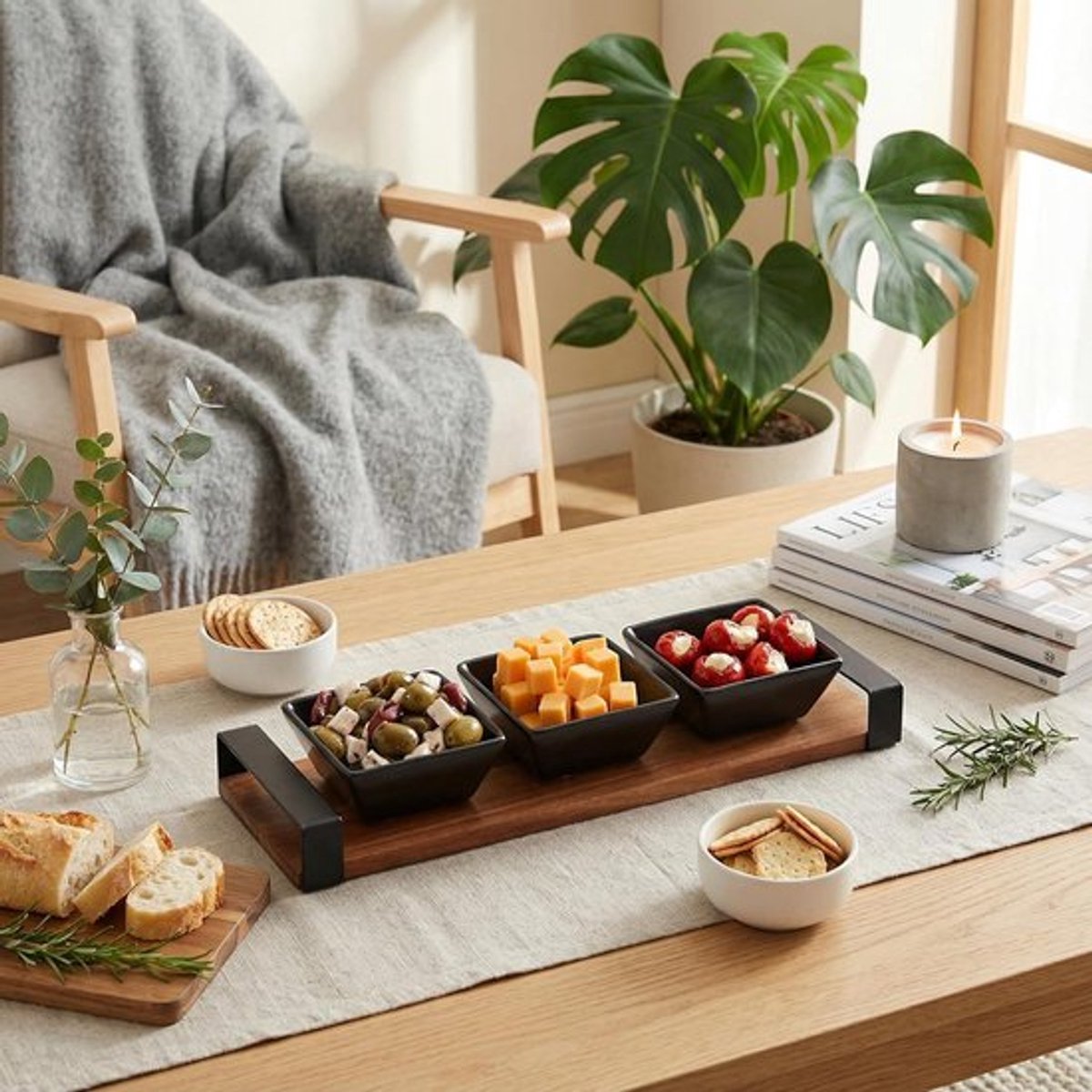 4-delige serveerset van acaciahout met keramische schalen voor tapas en snacks
