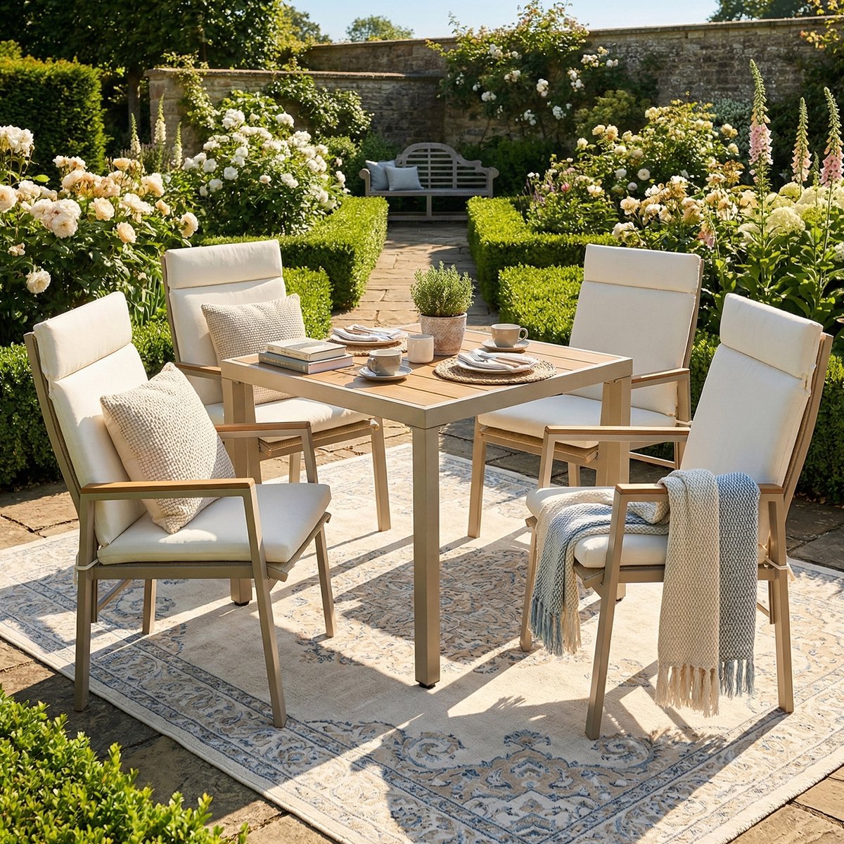 Tuinmeubelset - Tuineetset - Geschikt voor 4 Personen - Bestaande uit 1 Tafel en 4 Stoelen - Gegalvaniseerd Ijzer - Tafelblad van Kunststofhout - Kaki + Beige