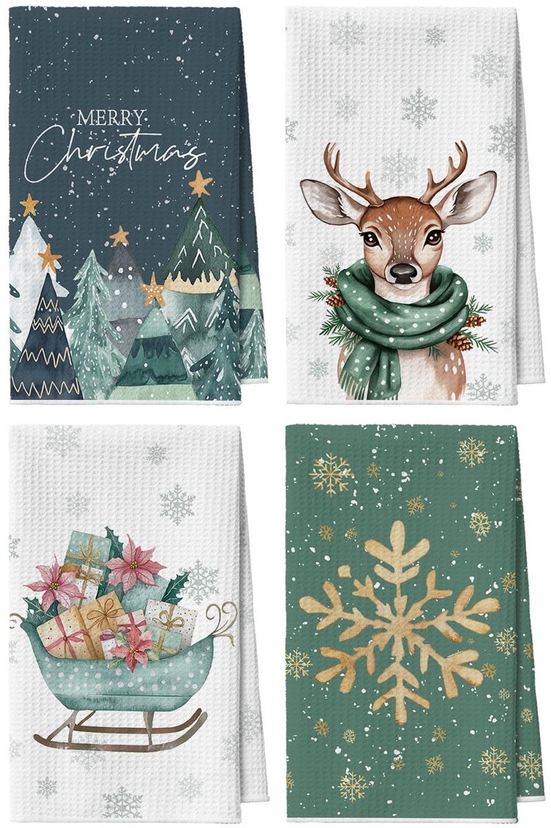ONF3 - Keukendoeken - Kerstmis - Vrolijk ontwerp - Groen - Absorberend - 4-delige set - Geschikt voor elke keuken - Microvezel