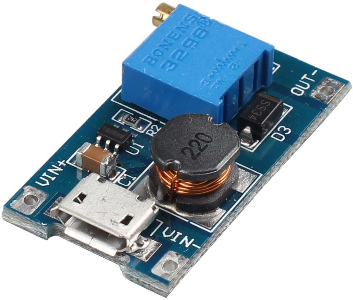 aladdien - Boost Module - DC-DC Step Up Power Module - 2A - 2-24V naar 5V 9V 12V 28V - met Micro USB - ideaal voor Arduino - compacte module