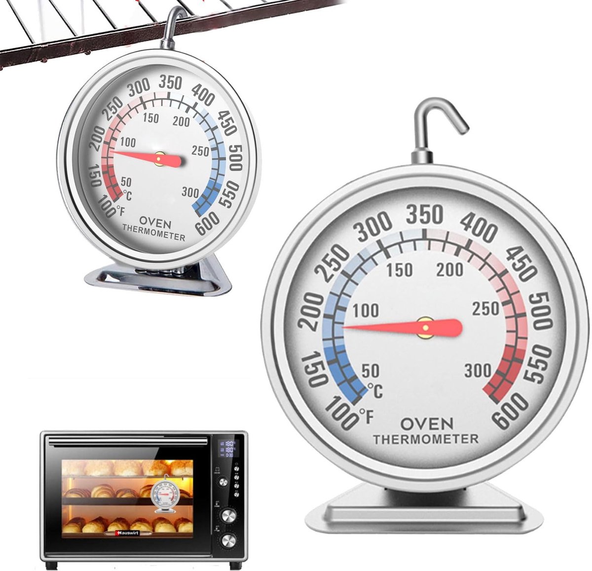Oven Thermometer - RVS met Grote Wijzerplaat - Celsius en Fahrenheit - Voor Bakken en Grillen