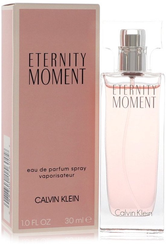 Calvin Klein Eternity Moment Eau de Parfum vaporisateur 30 ml dans une boîte rose pâle avec flacon.