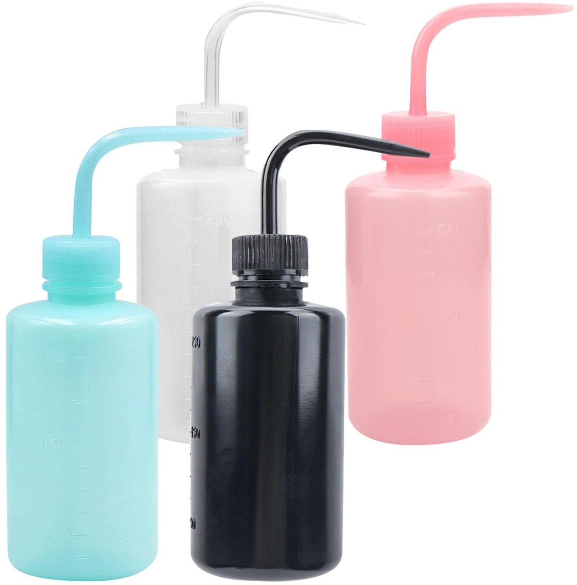 aladdien - Set van 4 - Knijpfles - Flexibel en herbruikbaar - Roze, Wit, Zwart, Blauw - Wasfles voor laboratorium en plantenverzorging - 250 ml