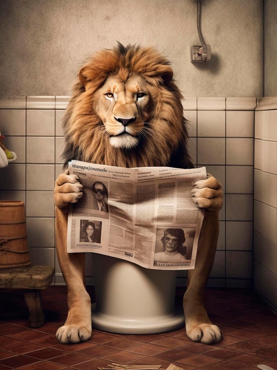 Grappige poster voor toilet of badkamer - Leeuw op WC - Wanddecoratie 30x40 cm