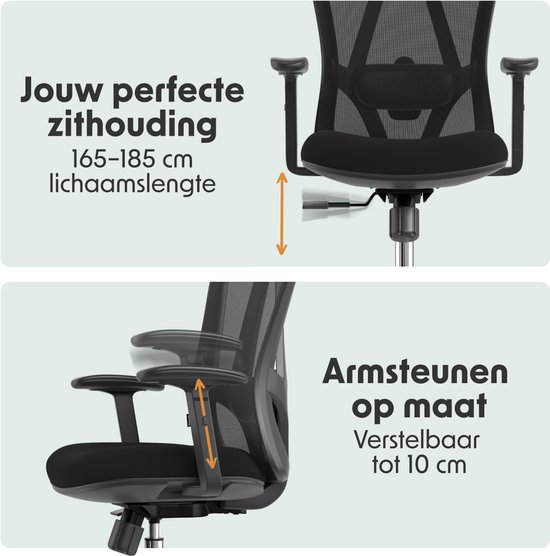 LifeGoods Ergonomische Bureaustoel - NEN1335-gecertificeerd - Gamestoel - 150kg - Office Chair - Volwassenen - Kantoorstoel - Hoofdsteun - Zwart/Chroom