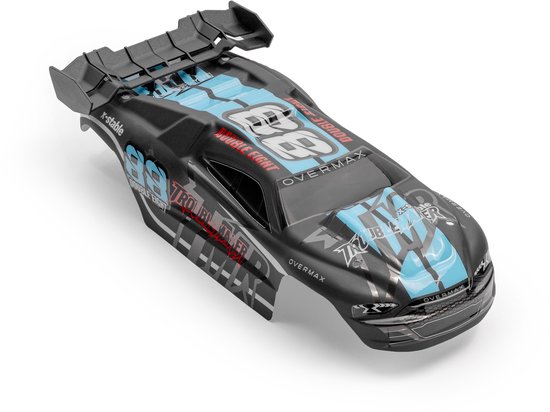 Zwarte carrosserie van de RC-auto 'Troublemaker' met blauwe en rode details.