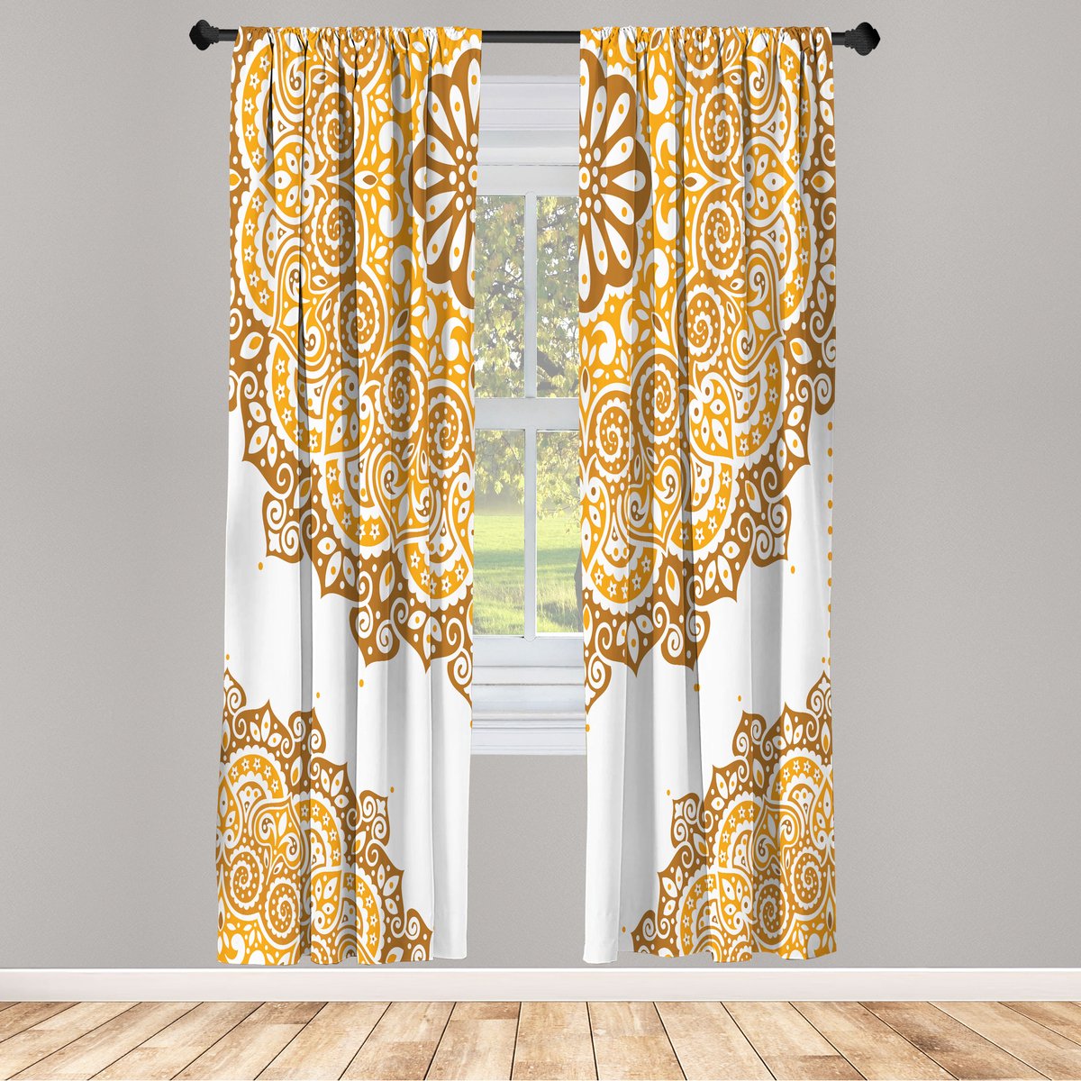 ABAKUHAUS Oosterse gordijnen, mandala-bloemenpatroon, set van 2 panelen voor woonkamer en slaapkamer, 150 cm x 175 cm, gember-mosterdkleur