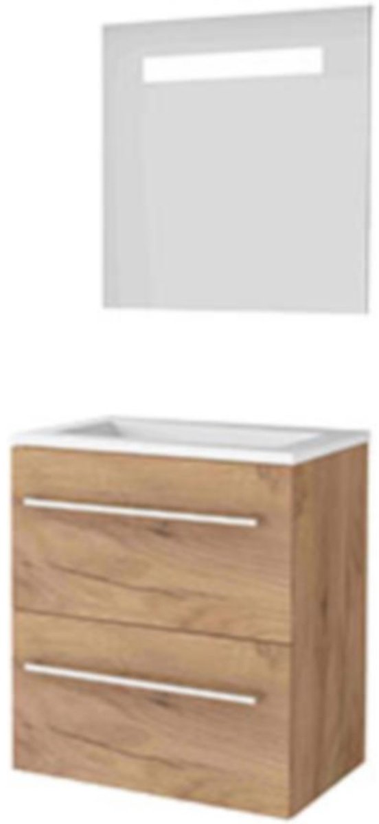 Basic-Line Economic 39 Badkamermeubelset - Ondiep - 60 x 39 cm - Met Grepen - 2 Lades - Acryl Wastafel - Zonder Kraangat - Spiegel met LED Verlichting - Whisky Oak