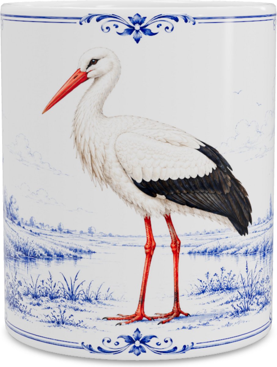 Mok Ooievaar (Ciconia ciconia) - Delfts Blauw Design - Cadeau voor Vogelliefhebber