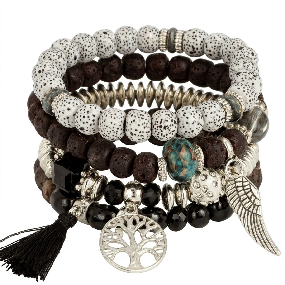 4-delige Armbanden set voor dames– Elastische Kralenarmbanden met Charms & Natuurlijke Accenten