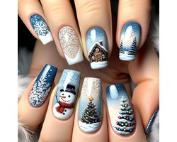 Ceboic 24 stuks Press-on nagels, middelgrote vierkante sneeuwvlokken valse nagels, Franse nepnagels met sneeuwpop sneeuwhuis kerstboom ontwerp, natuurlijke herbruikbare acryl volledige dekking stick