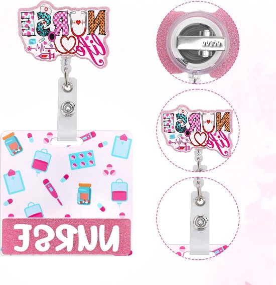 Set van Retractable Badge Reel met Badge Buddy Kaart - Grappige Roze ID Houder voor Verpleegkundigen, Ziekenhuiswerkers en Zorgprofessionals van Merkloos — afbeelding 3