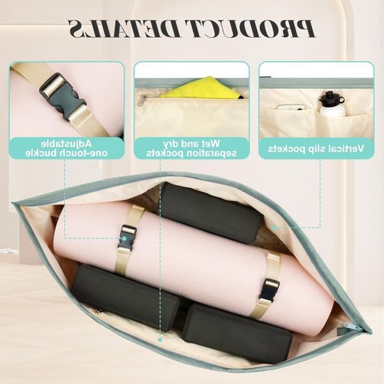 Grote Yoga Mat met Draagtas, Ideaal voor Pilates en Fitness, Inclusief Verstelbare Schouderriem en Opbergcompartiment voor Fles en Nat. Perfect voor Thuis en Reizen. — afbeelding 3