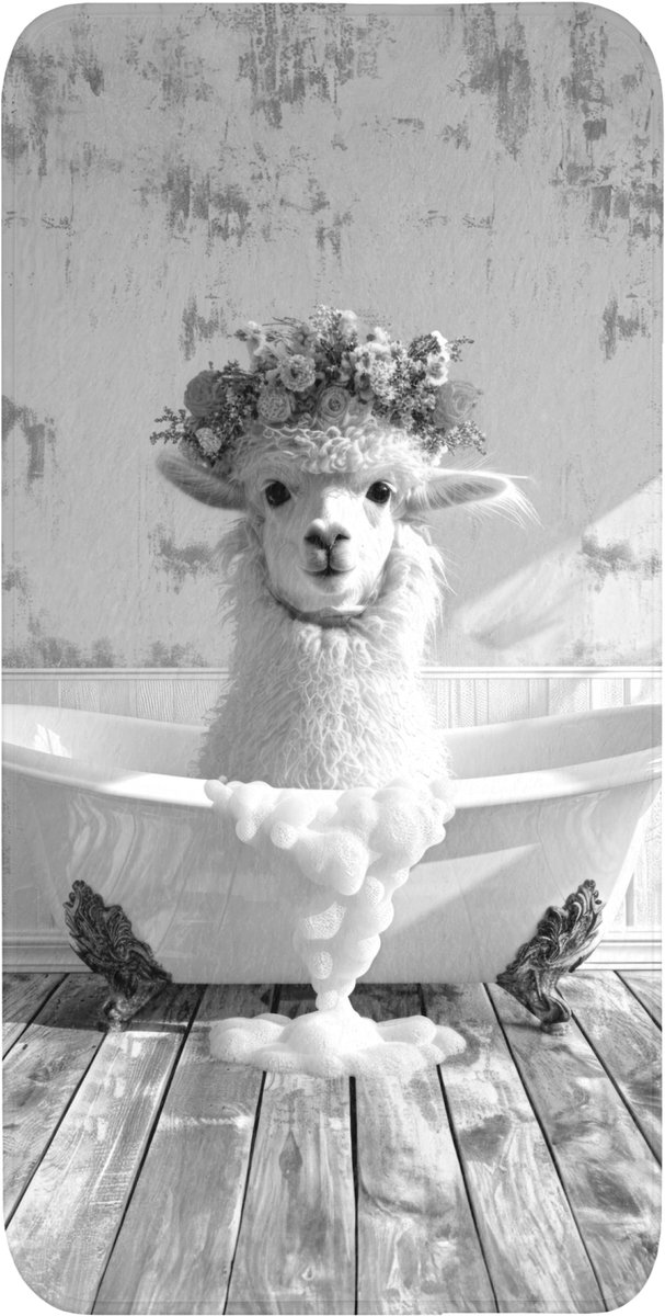 WC mat 60x120 cm - Antislip - Alpaca - Bloemen - Dier - Bad - Zwart - Wit - Toiletmat - Vl