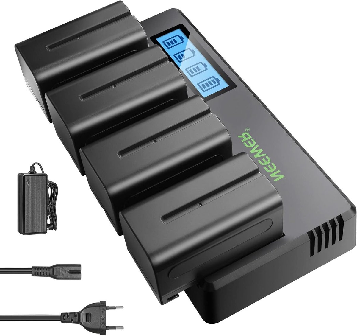 Set van 4 Vervangende NP-F750 Batterijen 7.4V 5600mAh met 4-Kanaals Oplader en Voeding voor Videolampen en Monitoren