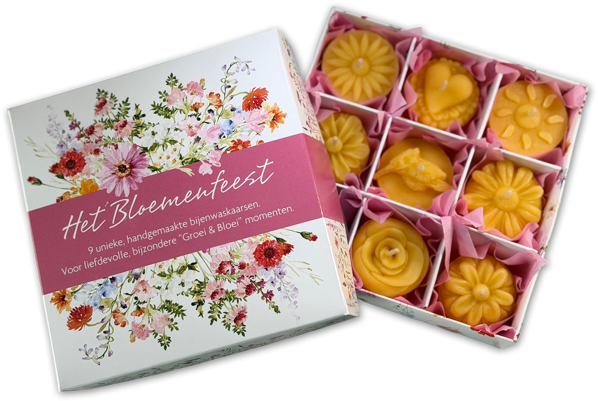 Bijenwas Het Bloemenfeest - 9 unieke theelichtjes - Handgemaakt - Cadeauverpakking