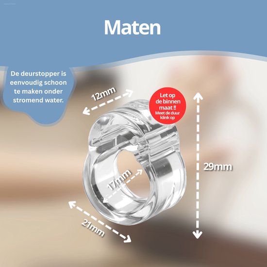 Transparante deurstopper met afmetingen 21mm x 29mm, 12mm & 17mm. Makkelijk schoon te maken.