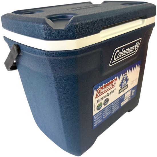 Donkerblauwe Coleman Xtreme koelbox met handvat en label.