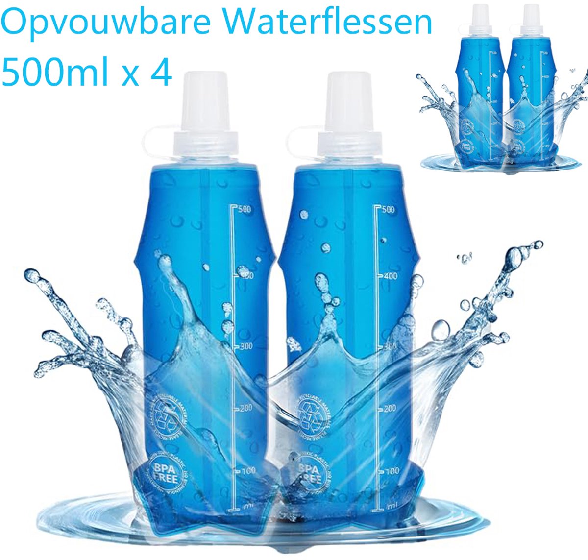 4 X 1 TPU Opvouwbare Waterflessen, Zachte Fles, Waterfles, BPA-vrije Sportfles Voor Hydratatie, Rugzak, Fiets, Wandelen, Joggen, Kamperen En Klimmen (500 Ml X 4)