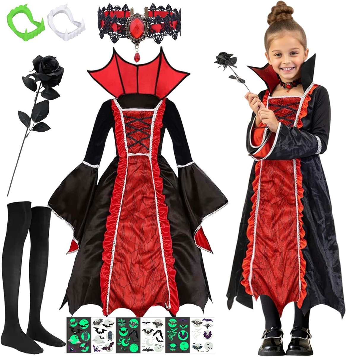 Vampier Kostuum voor Meisjes - 9-delig Halloween Kostuum met Rode Ketting, Vampiertanden en Cosplay Outfit voor Feestjes en Carnaval