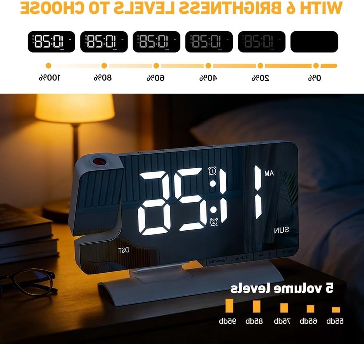 Digitale Projectie Wekkerradio met 180° Draaibare Projector, USB-C Aansluiting, Dimbare Verlichting en 11 Kleuren LED Display voor Slaapkamer en Muurdecoratie – foto 3