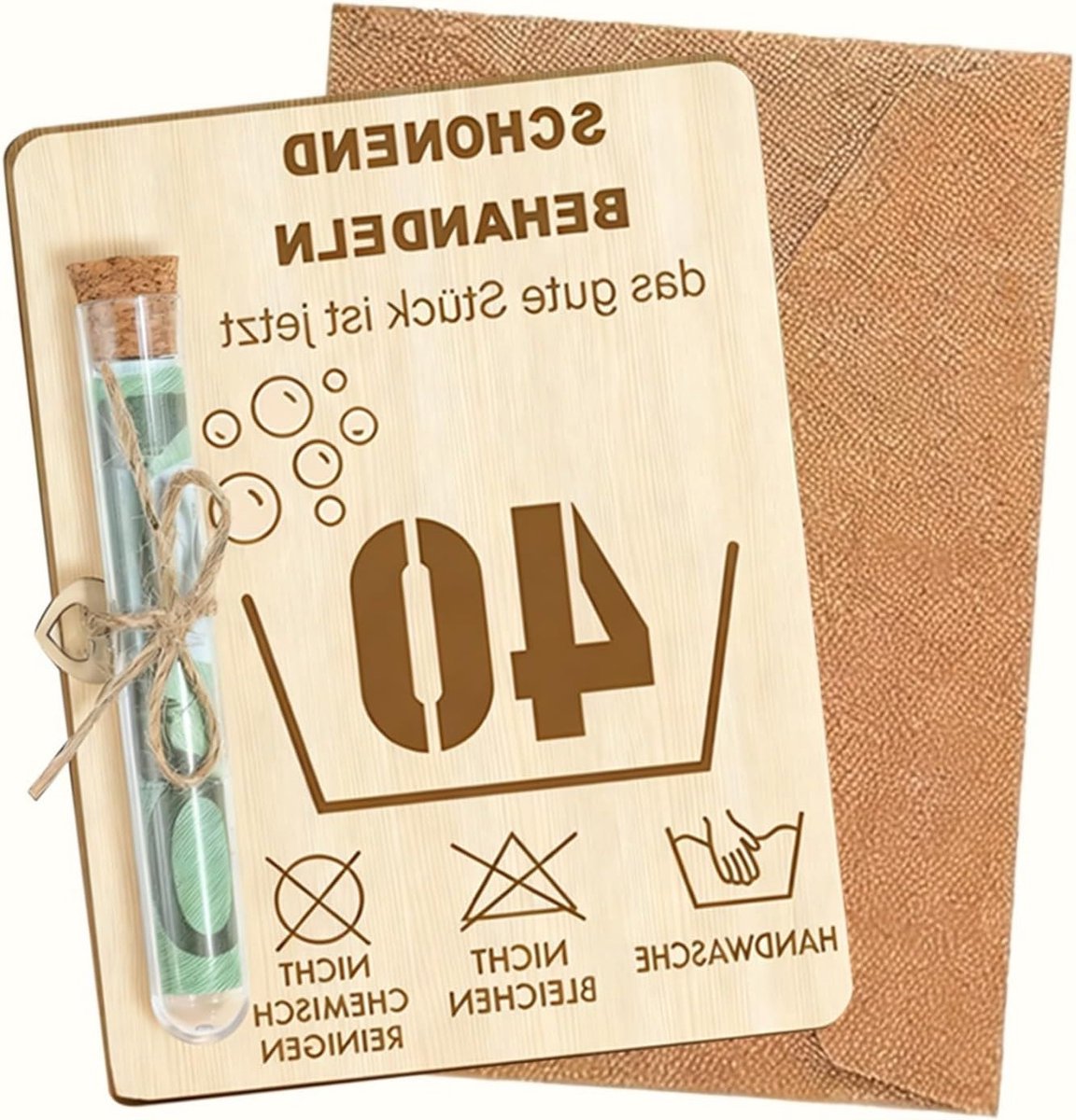 Unieke Houten Cadeauset voor Verjaardag - Inclusief Wenskaart, Proefbuis, Jute Touw en Vintage Envelop - Perfect voor Geldcadeau of Cadeaubon - Persoonlijk en Creatief Geschenk