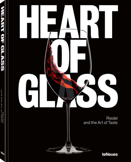 Couverture du livre 'Heart of Glass', avec un verre de vin rouge tourbillonnant sur fond noir avec texte blanc.
