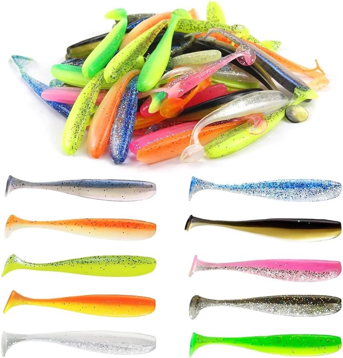 50 Stuks Rubber Vissen als Vissersaas, 7.5 cm met Reflecterende Pailletten, Geschikt voor Snoek, Baars en Forel, Verkrijgbaar in 10 Aantrekkelijke Kleuren