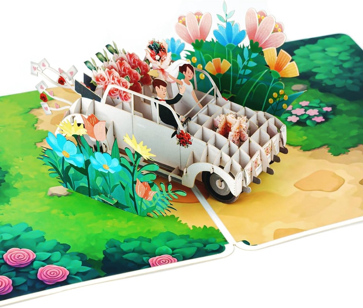 3D Pop-Up Trouwauto Kaart met Envelop, Perfect voor Bruid en Bruidegom, Jubileum en Huwelijksfeest - Groen