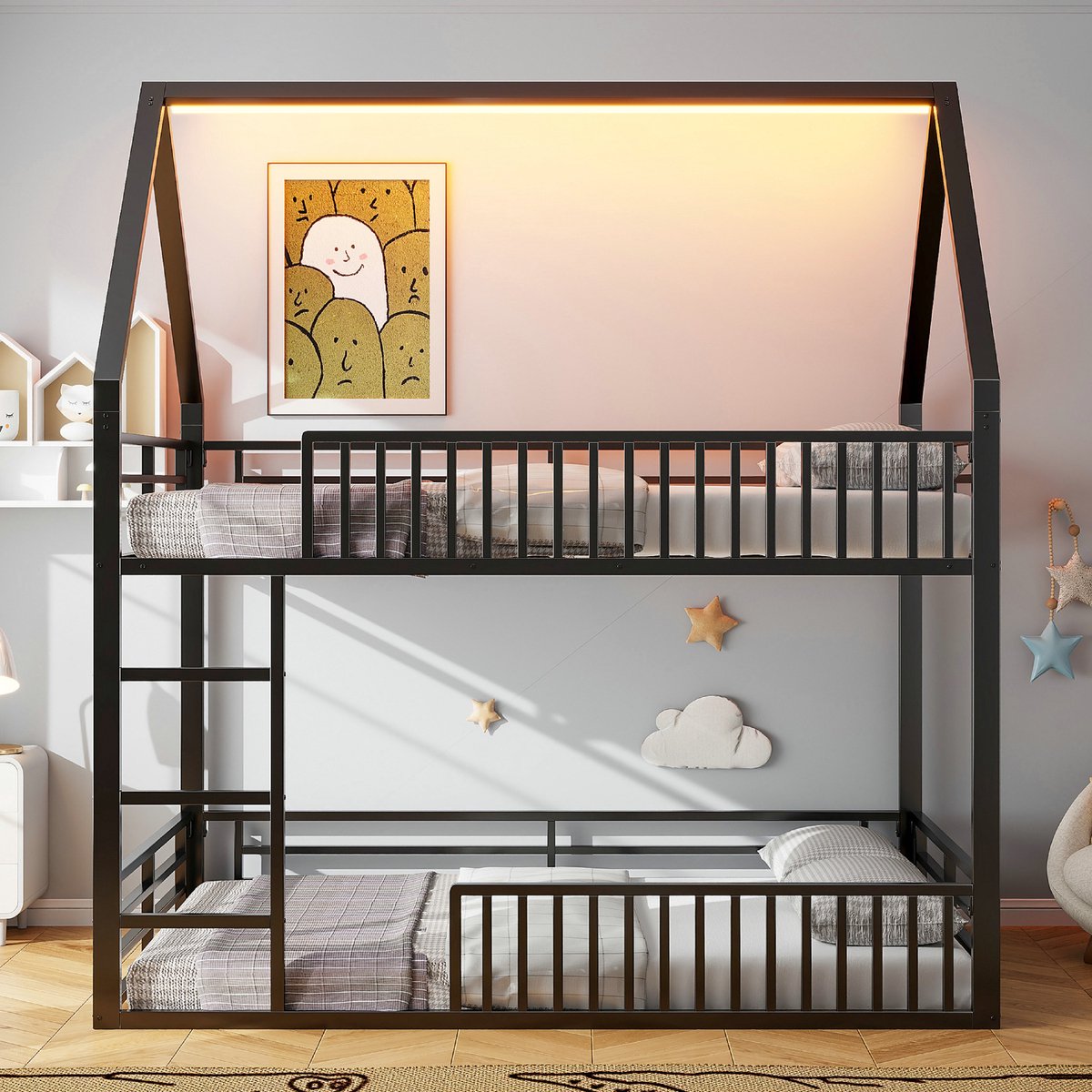 VVBV Stapelbed 140x200 / Kinderstapelbed – LED-Verlichting – met Veiligheidshek – Metaal – Zwart – Kinderstapelbed met LED en Veiligheidshek